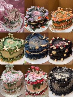 there are many different cakes on the table together, each decorated with flowers and pearls