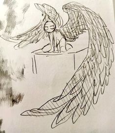 a drawing of an angel sitting on top of a table next to a bird with wings outstretched