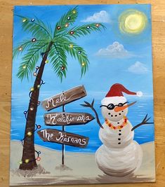 a painting of a snowman wearing a santa hat and sunglasses next to a palm tree