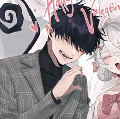 two anime characters one is kissing the other has white hair and black eyes, while the other wears a gray suit