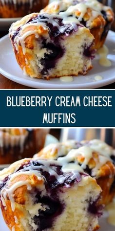 blueberry cream cheese muffins on a white plate