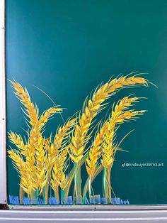 a painting of yellow wheat on a green background with blue sky in the back ground