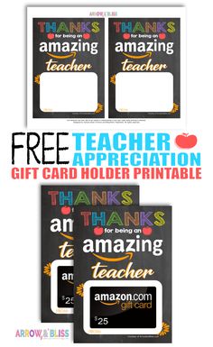 the teacher appreciation gift card holder printable is shown in three different colors and sizes