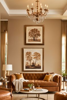 a living room with two couches, a coffee table and chandelier hanging on the wall