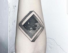 a black and white photo of a tattoo design on the left arm with an ocean wave coming out of it