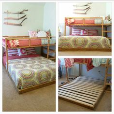 three pictures of bunk beds in a bedroom