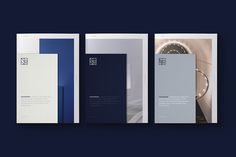 an image of three different brochures with blue and white designs on them, one in the middle