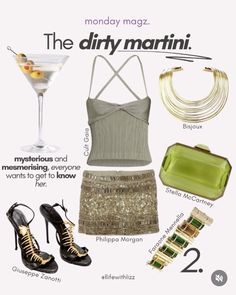 Cocktail Party Aesthetic Outfits, Sparkly Outfits Casual, Martini Party Outfit, Dirty Martini Aesthetic, Tini Aesthetic, Sparkly Mini Skirt, Martini Aesthetic