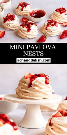 mini pavoa nests with strawberry jam and whipped cream in the middle on a white cake plate