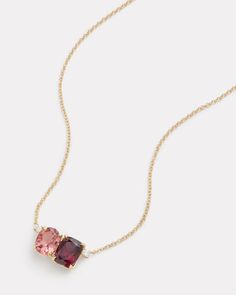 18K Yellow Gold Pink Tourmaline Oval and Rhodolite Cushion Cut Pendant Necklace with Diamonds, .13 TCW16 Inches, Pendant is 3/4 Inch Long x 1/2 Inch Wide  Style# YNOCPTRDW Luxury Oval Gemstone Necklace, Luxury Oval Stone Necklace, Luxury Oval Necklace With Center Stone, Luxury Oval Necklace With Stones, Luxury Fine Jewelry With Oval Pendant, Pink Tourmaline Pendant, Minimalist Girl, Jewellery Styling, Pink Tourmaline Necklace