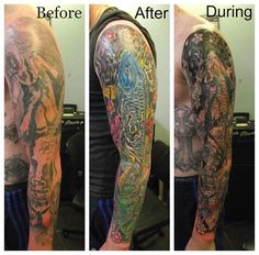 before and after photos of a full sleeve cover up done by tattoo artist, person