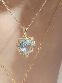 "Natural Heart Shape AAA 1ct Aquamarine with Tiny Diamond Pendant Necklace, Solid 18k Gold March Birthstone Necklace --- Made to Order --- Metal: Solid 18K Yellow Gold --- Stone: 1CT AAA Natural Aquamarine - 1pcs , Tiny Diamond - 8pcs --- Center Stone Shape: Heart Shape --- Measures with hoop 16.3 x 10.6 mm. A beautiful heart shape aquamarine and diamond pendant necklace with 18 karat gold chain, in the color of light blue. A perfect gift for your significant others or yourself. With AAA 1 carat Beady Eyes, Preppy Things, March Birthstone Necklace, Fancy Accessories, Easy Spells, Dope Jewelry