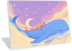 some people are sitting on top of a whale in the water with stars and moon above them