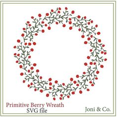 a wreath with red berries and green leaves is shown in the center of this pattern