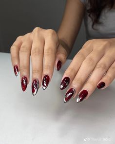 Red Sliver Nails, Prom Nails Red And Silver, Red With Silver Nails, Red Silver Nail Designs, Silver And Red Nail Designs, Red Nails And Silver, Red And Silver Nails For Prom, Silver Red Nails, Silver And Red Nails