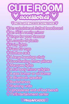 a poster with the words cute room necessities in pink and blue colors on it