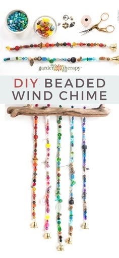 the diy beaded wind chime is displayed on a white background with scissors and beads