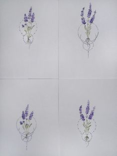 four pictures of lavender flowers on white paper