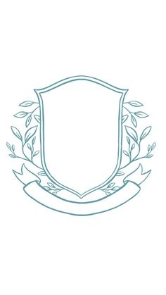 a blue line drawing of a shield with leaves and ribbon around the edges on a white background