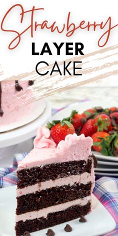 a slice of strawberry layer cake on a plate