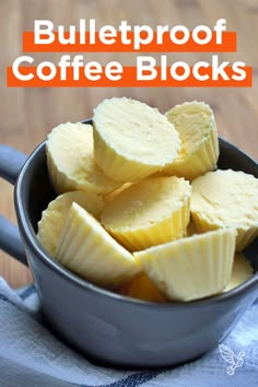 a bowl full of coffee blocks sitting on top of a blue and white towel with text overlay that reads, bulletproof coffee blocks