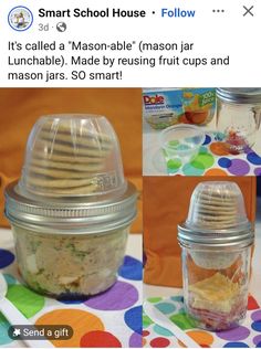 some food is in a glass jar on a table with polka dot paper and plastic cups