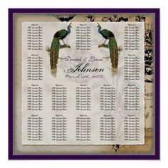 a wedding seating chart with two peacocks on the back and one bird sitting on top