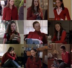 many different pictures of women in red sweaters and white collared shirts, with one woman sitting on the couch