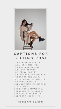 a woman sitting in a chair with the caption captions for sitting pose on it