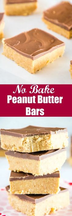 no bake peanut butter bars are stacked on top of each other and ready to be eaten