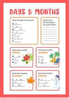 the days and months worksheet for students to practice their writing skills, including