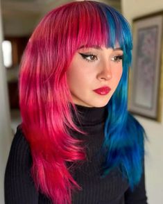 Discover the allure of layered, split dye hair, blending pink and blue tones for a lively, textured style. Straight bangs add a fresh touch, perfect for a bold statement. Dive into our gallery for more vibrant ideas and follow us on Pinterest! ** Photo Credit: Instagram @georgeeblancoo Style Straight Bangs, Split Dye Hair, Hair Blending, Split Dye, Vivid Hair, Rainbow Braids, Split Dyed Hair, Vivid Hair Color, Edgy Pixie Cuts