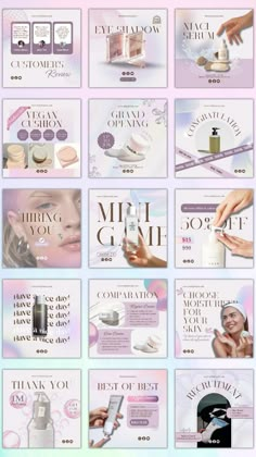 an advertisement for cosmetic products with different colors and designs on it, including the words