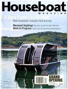 the front cover of houseboat magazine featuring a boat in water with its doors open