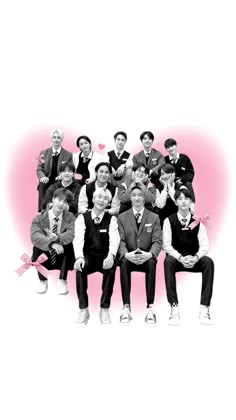 a group of men sitting next to each other in front of a pink heart shaped background