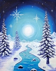 an acrylic painting of a snowy night with trees and snowflakes on the sky