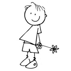 a black and white drawing of a boy holding a flower