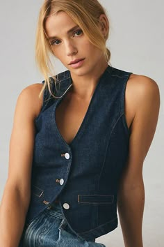 From holy-grail tees and perfectly fitted jeans to laidback dresses, PILCRO is on everyone’s most-wanted-wardrobe list. From business to casual, these styles are tailored to perfection . Get ready to suit up and let your wardrobe seam lessly transition from boardroom to brunch! | Denim Vest Top by Pilcro in Blue, Women's, Size: 2XS, Cotton/Elastane at Anthropologie Chic Fitted Dark Wash Tops, Chic Dark Wash Fitted Tops, Fitted Dark Wash Top For Work, Medium Wash Fitted Top For Fall, Fitted Medium Wash Top For Fall, Denim Vest Top, Denim Vest Outfit, Wardrobe List, Waistcoat Outfit