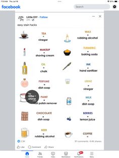 a screen shot of the facebook page with different types of food and drinks on it