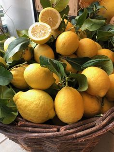 a wicker basket filled with lemons and leaves