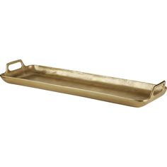 gold metal tray with handles on white background