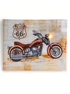 a painting of a motorcycle is shown on a map with the words route 66 written below it