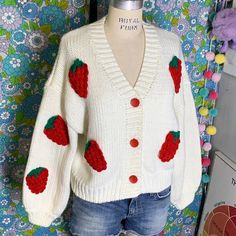 Featuring Knit Cardigan Long Puff Sleeve Button Up V Neck Crocheted Strawberry Detailing Oversized Fit Color:White/Red/Green Size: Xs/S ??? No Size Label Is Present. Please Check All Measurements Before Buying. My Gues Approx Measurements: Length-21"/Pit To Pit-21"/Pit To Hem-9.5"/Hem-16.5"/Arm Inseam-16.5" (Including 2.5" Cuff) Materials: No Materials Label Present. Cardigan Feels Like A Poly/Cotton Blend Condition: Excellent. No Signs Of Any Wear. Possibly New Without Tags. A Very Minor Amount Crochet Strawberry Cardigan, Crocheted Strawberry, Strawberry Cardigan, Crochet Strawberry, Cardigan Long, Long Puff Sleeves, Size Label, Pink Sweater, Long Cardigan