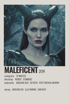 the poster for maleficent is shown in black and white, with horns on her head