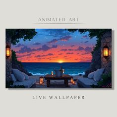 an animated art scene with candles on a table and the ocean in the background at sunset