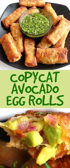 two plates with different types of food on them and the words copycat avocado egg rolls