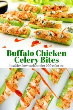 buffalo chicken celery bites with ranch dressing on them and the title overlay