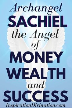 an angel with the words money and success on it, in front of a blue sky