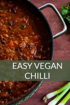 an easy vegan chili recipe in a skillet with celery on the side