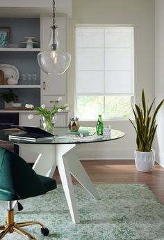 a glass table with green chairs in front of a window and potted plant next to it